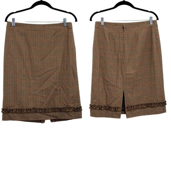 Vintage 80s Casual Corner Skirt Wool Houndstooth Plaid Tea Length Tan 10 Western - Picture 1 of 15